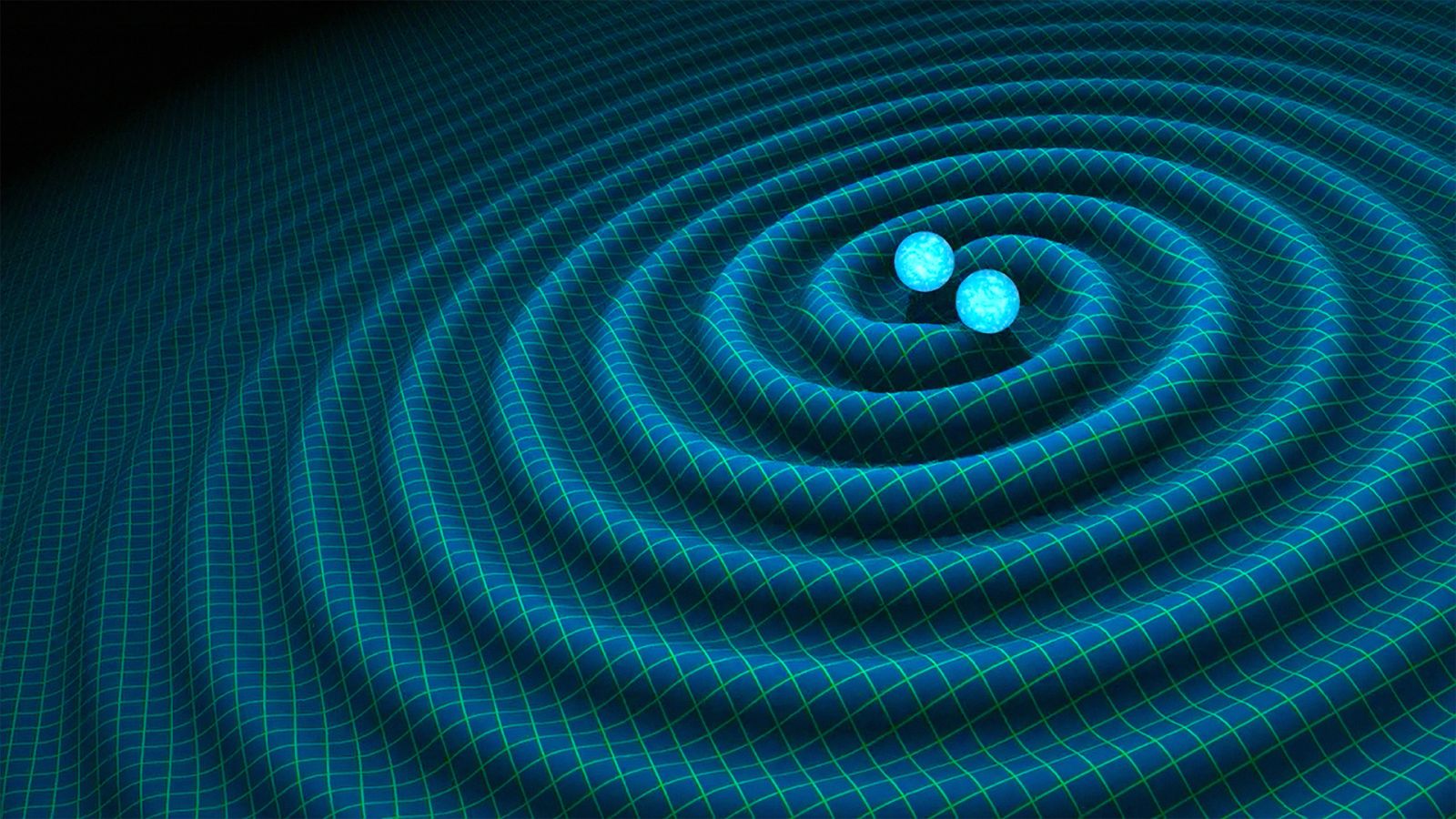 An artist's impression of gravitational waves generated by two stars orbiting around each other.